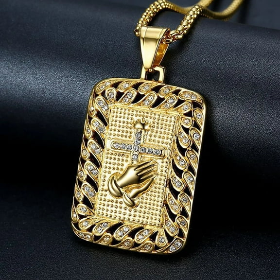 Religious Square Praying Hands Cross Pendant Necklace for Women/Men 14K Yellow Gold Christian Necklaces Male Jewelry