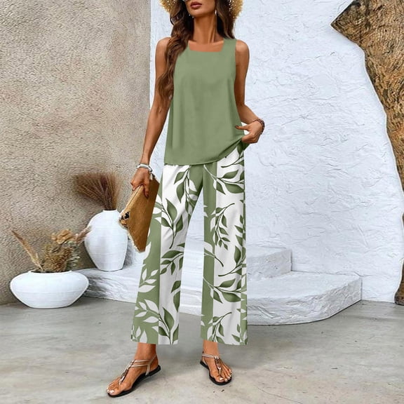 Nuoqisi Women's 2 Piece Outfits Solid Sleeveless Halter Top and Leaf Print Straight Leg Pants Lounge Set 2026 Summer Spring Trendy