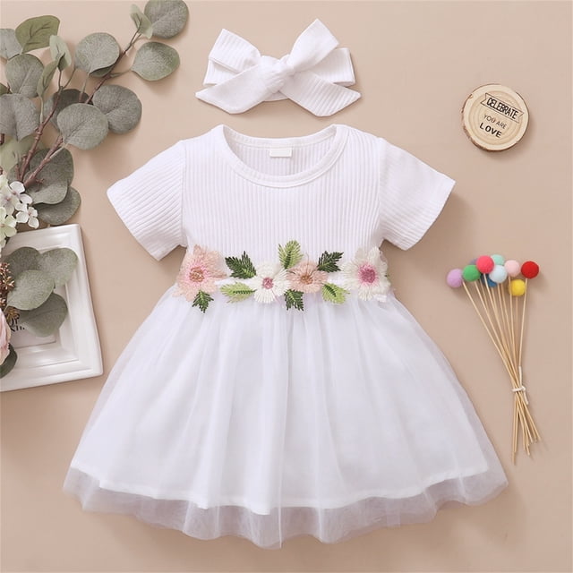 Girls Dress - Floral Ribbed Short Sleeve Mesh Embroidered Gown Set for Toddler Kids Girls Stylish Hairband Included
