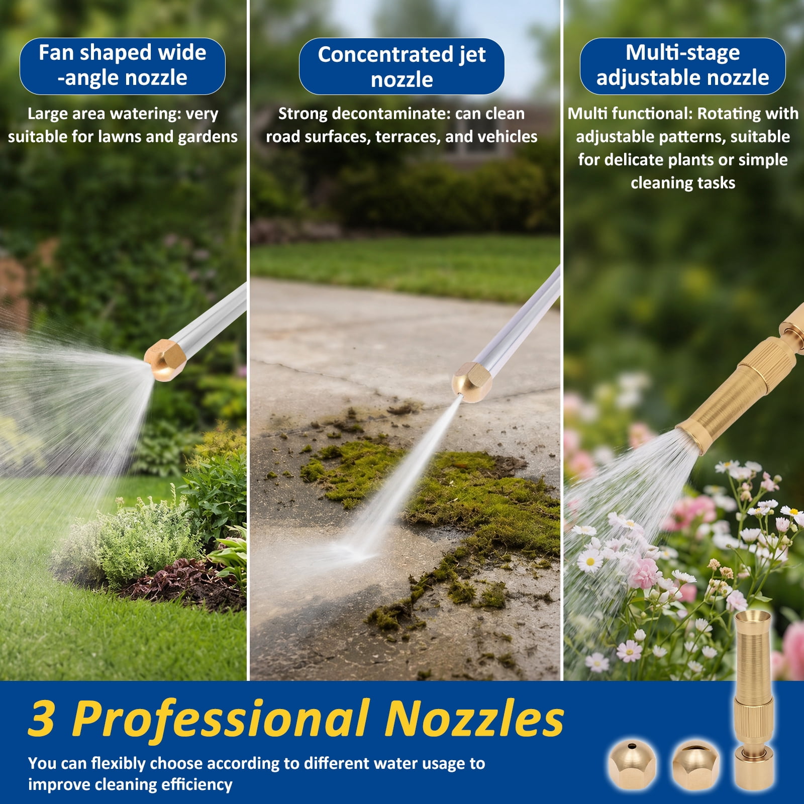 Jet Nozzle High Pressure Hose Nozzle with Extension with Extension Pole 3 Different Nozzles Quick Connectors for Car Washing Gutter Cleaning Watering 18.3 Inch