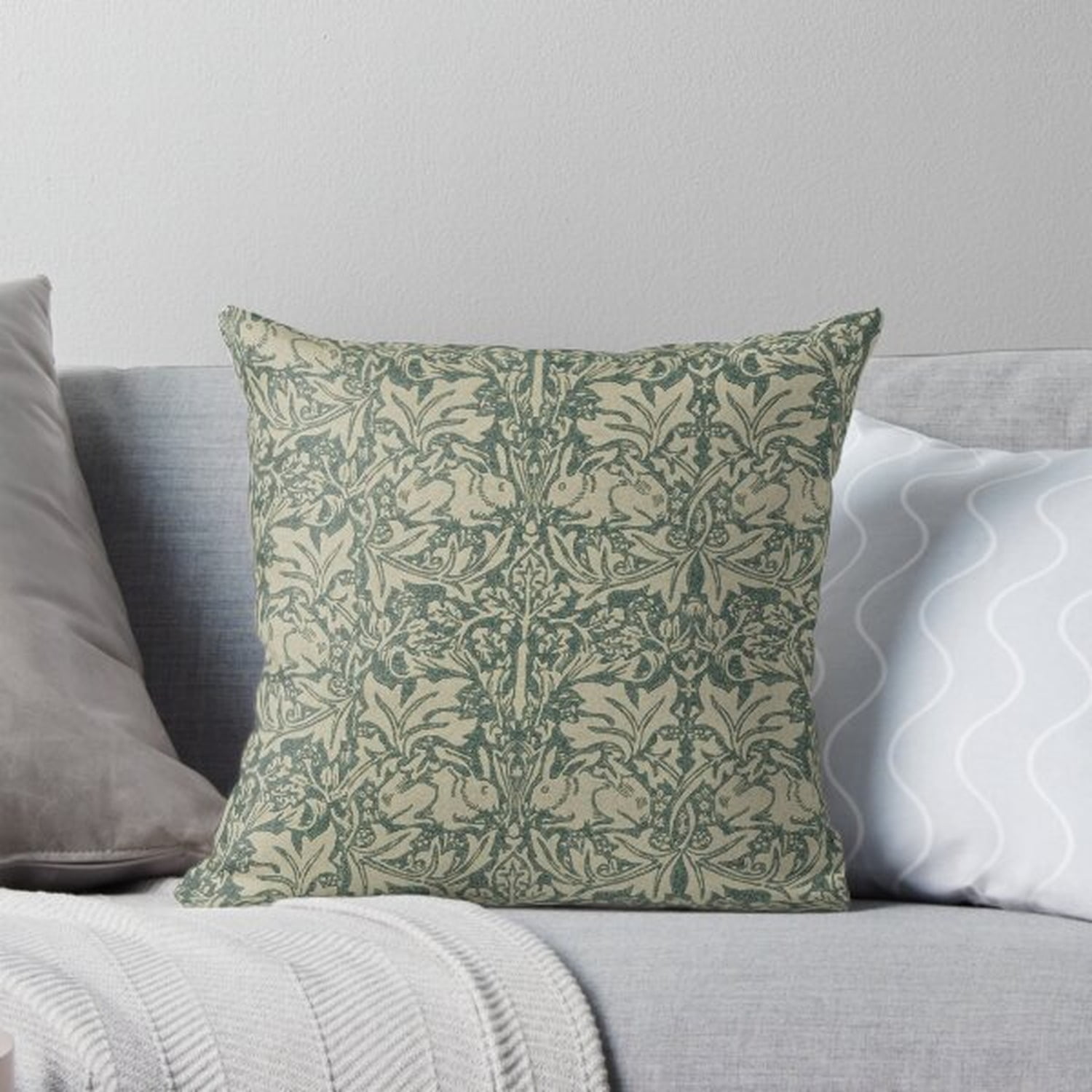 Muted Green and Beige Botanical Birds and Vines Square Pillow Case 100% Polyester Velvet Traditional Home Décor