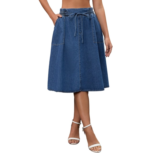 Falda de mezclilla midi A-line para mujer INSPIRE CHIC con cintura elástica y bolsillos M azul