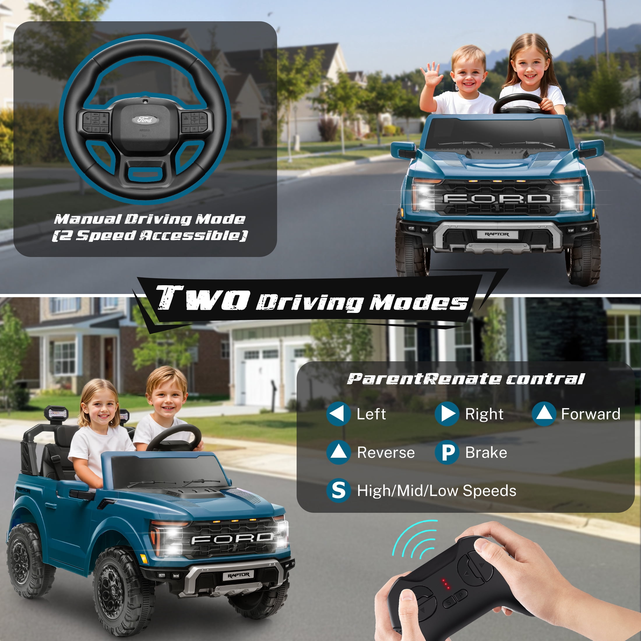 Ford F150 Raptor 2 Seater Ride on Toy Trucks for Kids, 24V Powered 2 Seat Ride on Cars with Remote Control/4 Wheelers/LED/Bluetooth/ Truck Bed Storage/Soft Start, Kids Electric Cars for Boys Girls