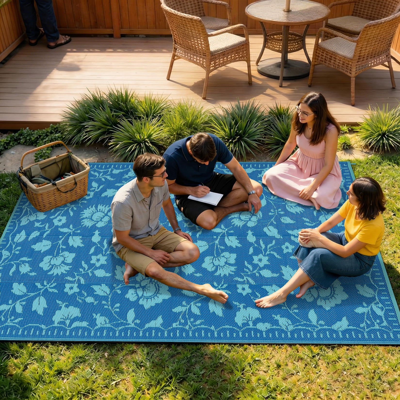 Garvee 5'x8' Outdoor Rug Waterproof Floral Camping Carpet, Reversible Plastic Straw Rug Outdoor Rug for Patio RV Balcony Backyard, Navy Blue
