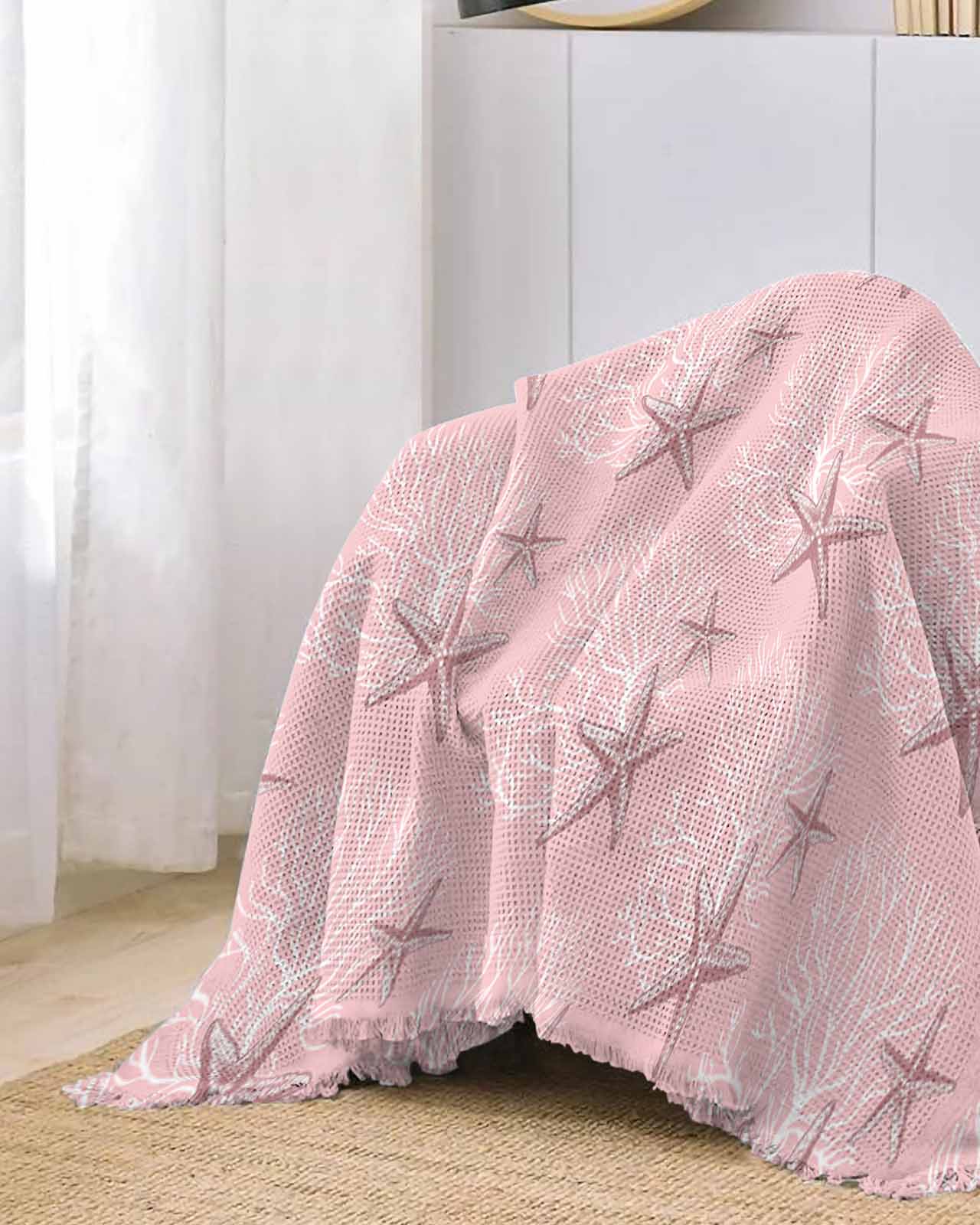 Pink Starfish Sofa Couch Covers for Dog,Washable Sectional Couch Slipcoverfor Loveseat with Tassels,Coastal Ocean Coral Sea Nautical Beach Non Slip Sofa Throw Cover Blanket Large 71''x102''