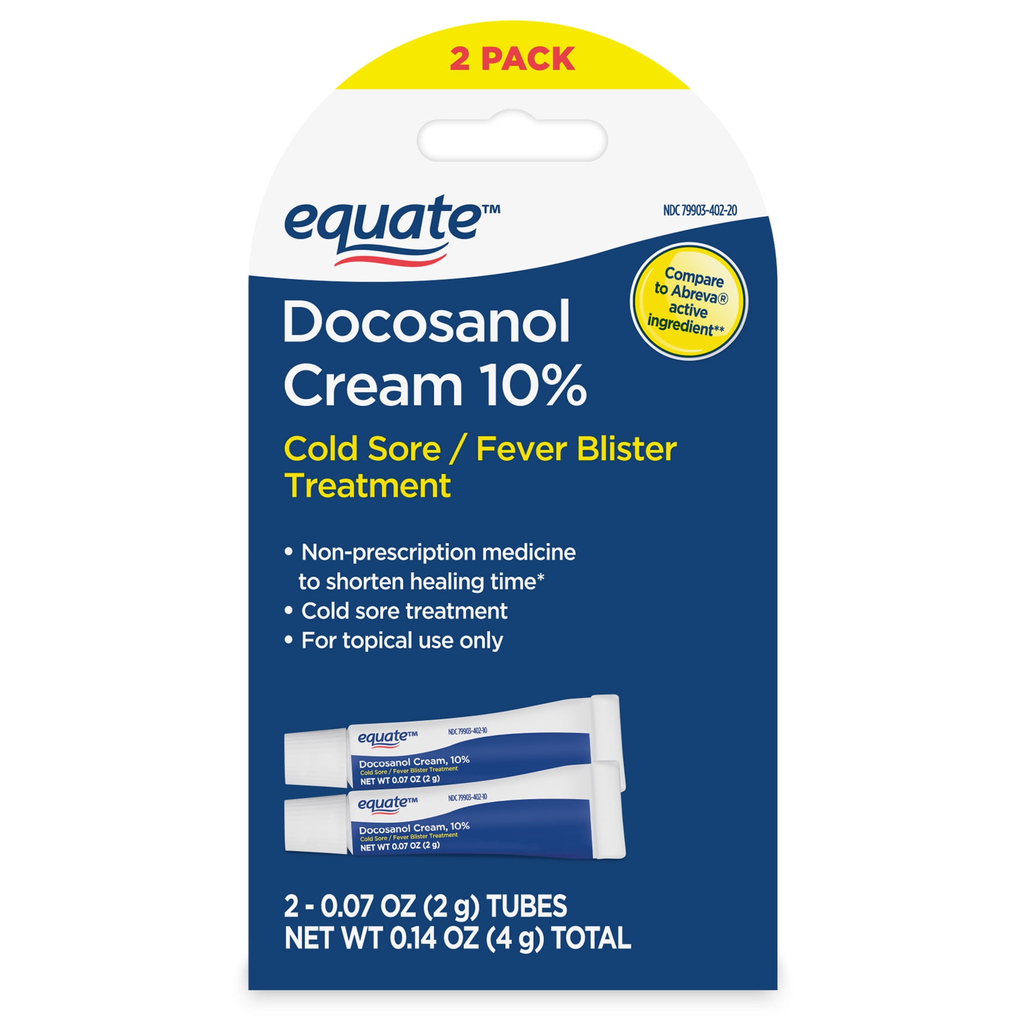 Equate Cold Sore & Fever Blister Treatment, Docosanol 10% Cream, 0.14oz, 2 Count