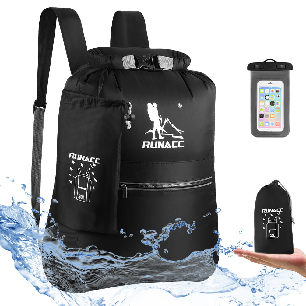 Rafting Swimming Waterproof Pouch with Waterproof Phone Case Floating Dry Backpack with Exterior Zippered Pocket for Kayaking RUNACC Waterproof Dry Bag 20L Camping Boating 