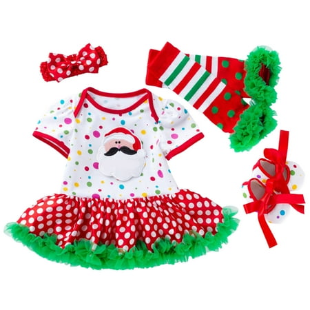 

Toddler Girls Christmas Printed Short Sleeve Romper Skirt with Headband Shoes Leg Sleeves 4PC Children s Suit Baby Girl Twin Outfits New Born Clothes for Girls Set Mommy Baby Matching Shoes Baby Girl