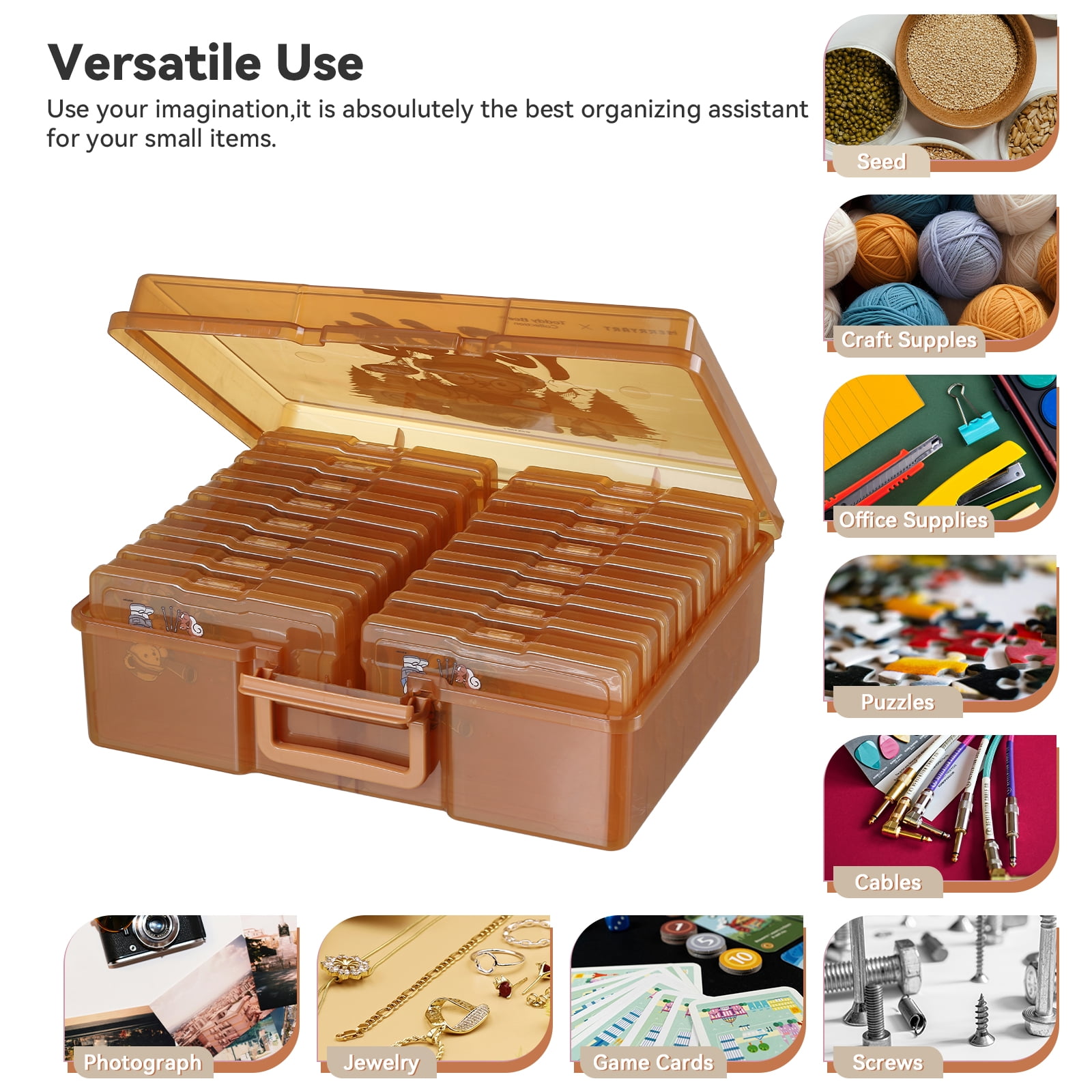 Novelinks 4x6 Inch Photo Boxes with 16 Inner Cases,Memory Organizer, Brown Plastic Box for Crafts, Stickers, Seeds, Art Supplies,Print with Camping Style Teddy Bear