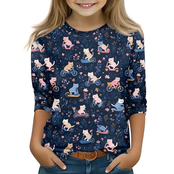Abcomgle Girls Top 7-16 Crewneck Cat Riding Bike Graphic Toddler Girls T-Shirts Summer 3/4 Sleeve Girls Shirts Casual Cotton Toddler Tops Girls