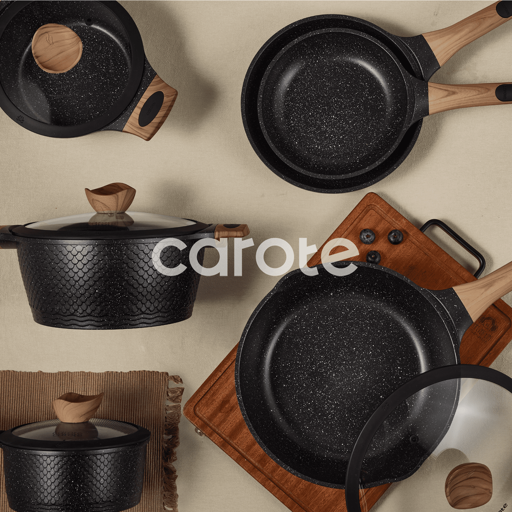Carote 18-Piece Nonstick Pots and Pans, Granite Cookware Set with Kitchen Utensils, Black