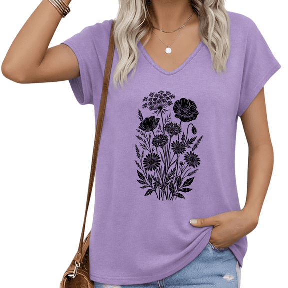 UNISHE Women's Purple Black White Floral Botanical V-Neck T-Shirt Vintage Wildflower Graphic Soft Cotton Casual Loose Top S-5XL