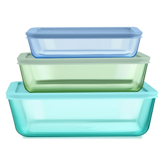 Pyrex Simply Store Tinted 6-piece Rectangle Storage Set with Plastic Lids, Green/Blue/Aqua