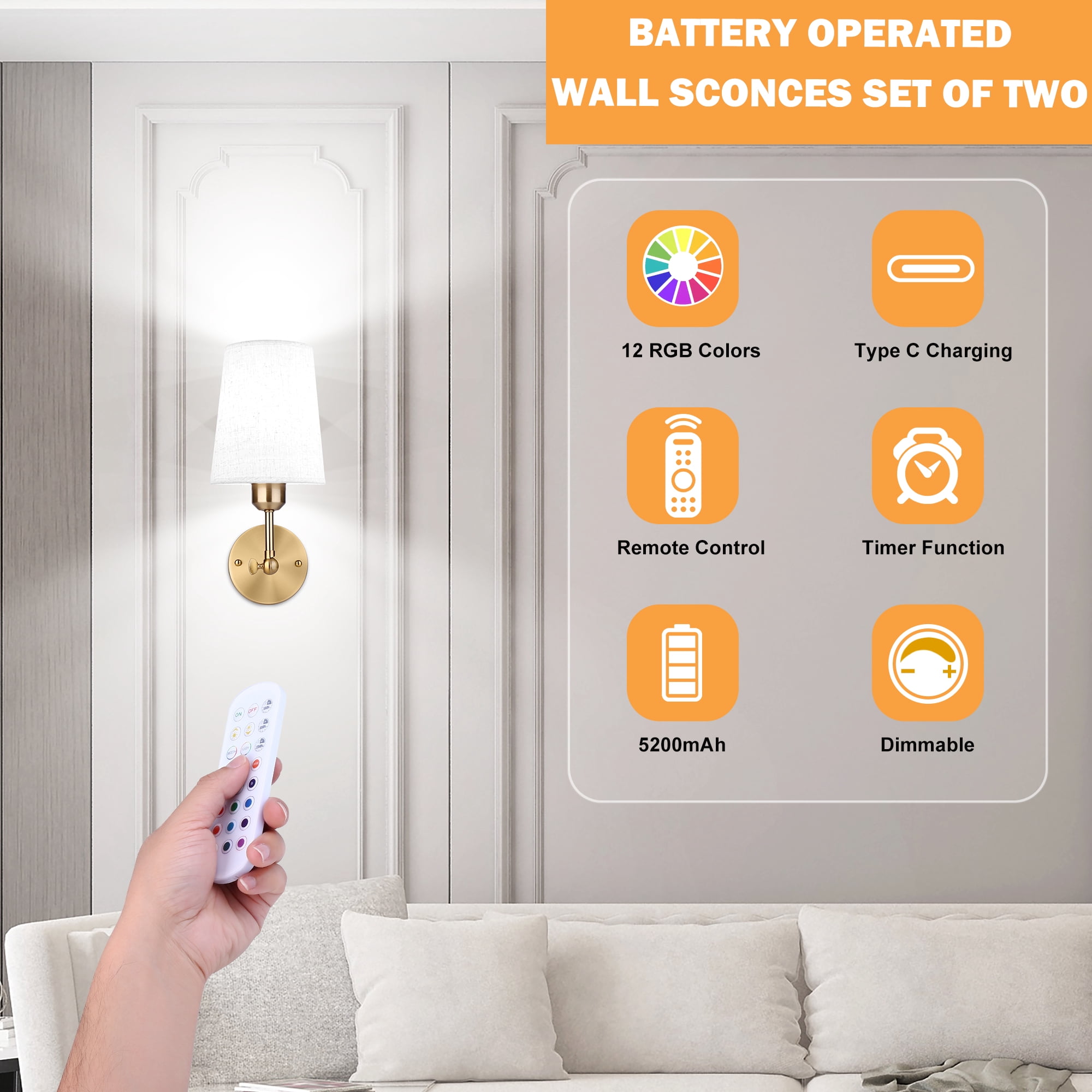 Battery Operated Wall Sconce Set of Two,Modern Gold Rechargeable Wall Lights with 5200mAh RGB Bulb and Remote Control,270°Rotation Dimmable Battery Powered Wireless Wall lamps for Bedroom Living Room