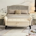 thumbnail image 2 of 51.5" Beige Velvet Bed Bench With Storage - Elegant Curved Arms & Solid Wooden Legs End Seating Practical, 2 of 6
