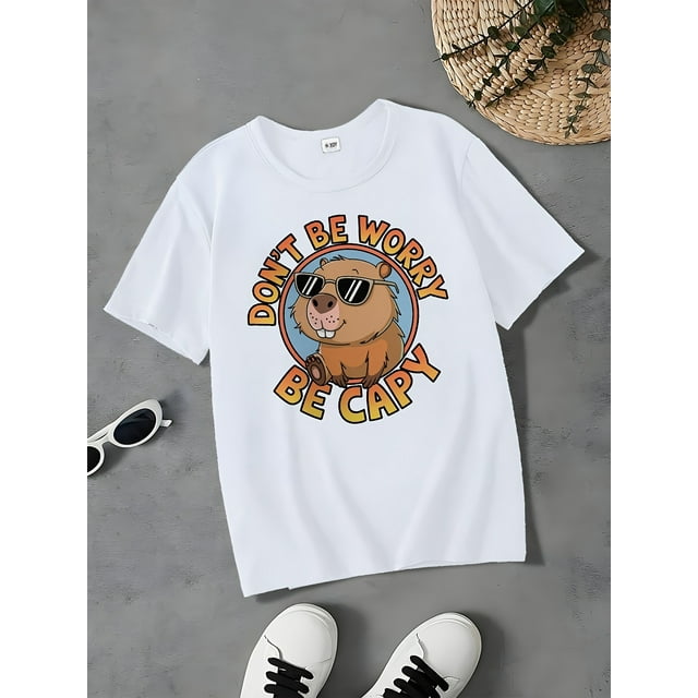 CAPY BARA Camiseta de algodón para niños con lindo diseño de capibara, cuello redondo, informal y de moda para niñas - Camiseta cómoda para niños grandes en verano
