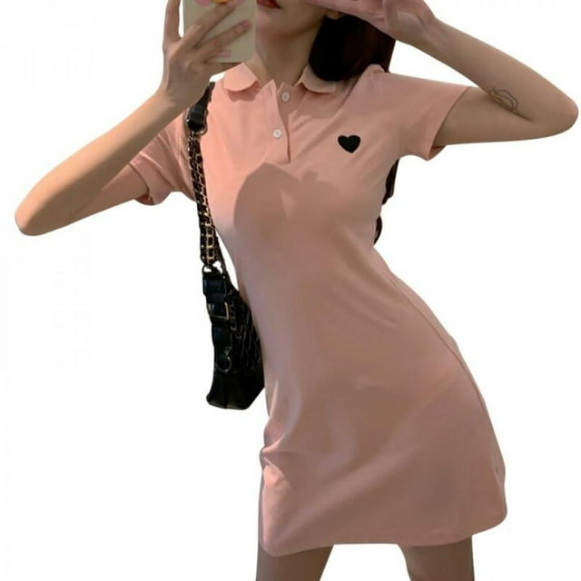 Robe Chemise d'Été pour Femmes Mode Mi-Longue Manches Courtes Slim Robes Rose m
