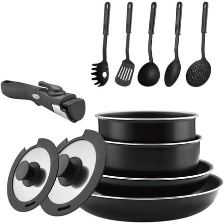 

12 Piece Non-Stick Cookware Set Non-Stick Pans and Pots with Removable Handles Space Efficient Excellent for RVs and Compact Kitchen (Black 12 pieces)