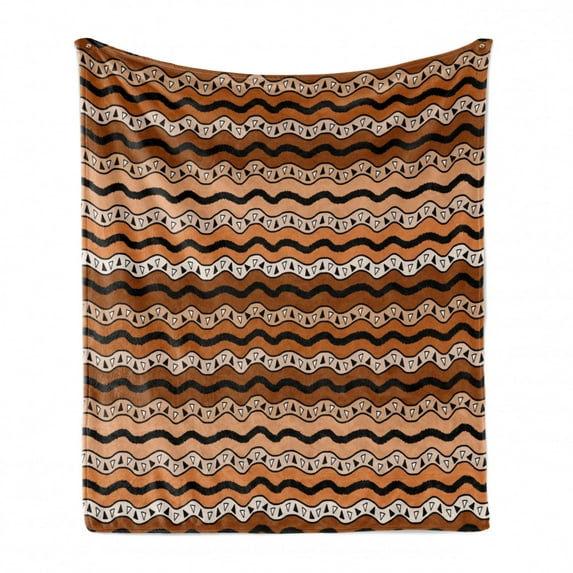 Zambia Soft Flannel Fleece Throw Blanket, Tribal Pattern with Wavy Lines Geometric Triangles Kenyan Art Design, Cozy Plush for Indoor and Outdoor Use, 70" x 90", Pale Brown Cinnamon, by Ambesonne
