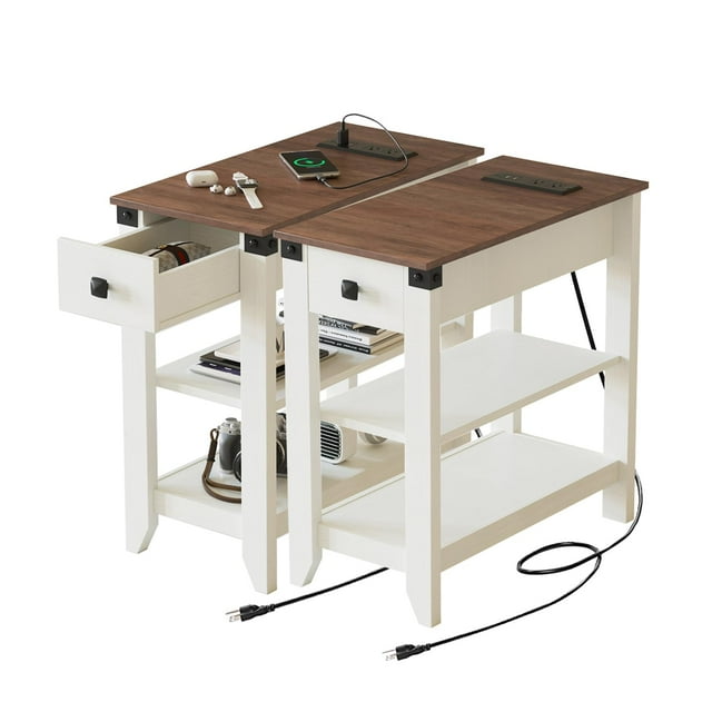 Vabches Set of 2 End Tables, Narrow Side Table with Charging Station, Slim Nightstand with Storage Drawer, White
