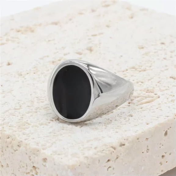 QQTDFG Men Women Stacking Statement Signet Ring Stainless Steel Party Flat Chunky Gift-Oval Silver Black-10