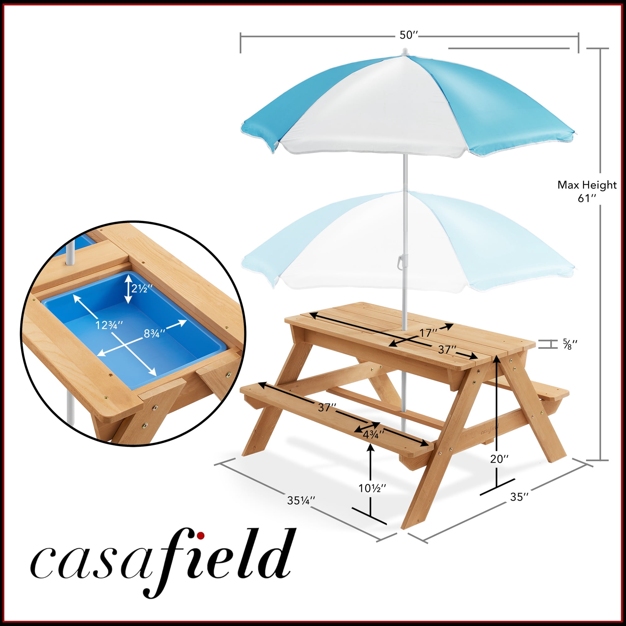 Children's Sand and Water Activity Table, 3-in-1 Wooden Outdoor Picnic Table with Umbrella and Play Boxes