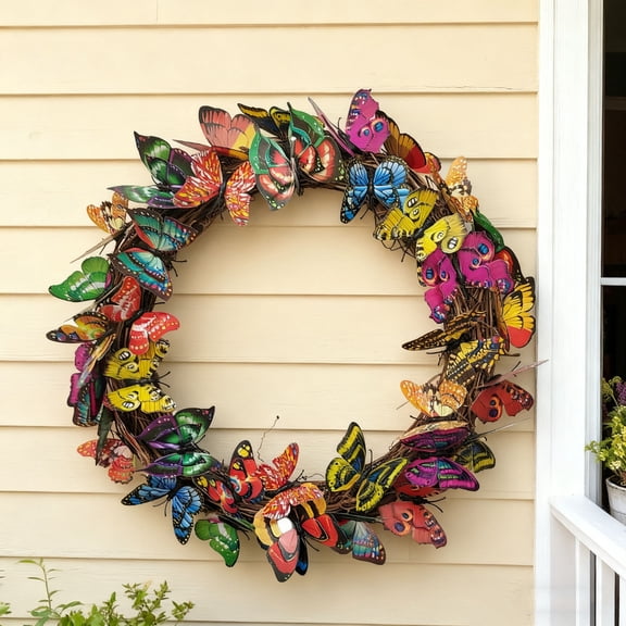 Bcylexb 16" Simulated Colorful Butterflies Wreath for Spring Decoration, Versatile Hanging Decor Garland Suitable for Hotel and Home, Seasonal Floral Arrangement, Multicolor