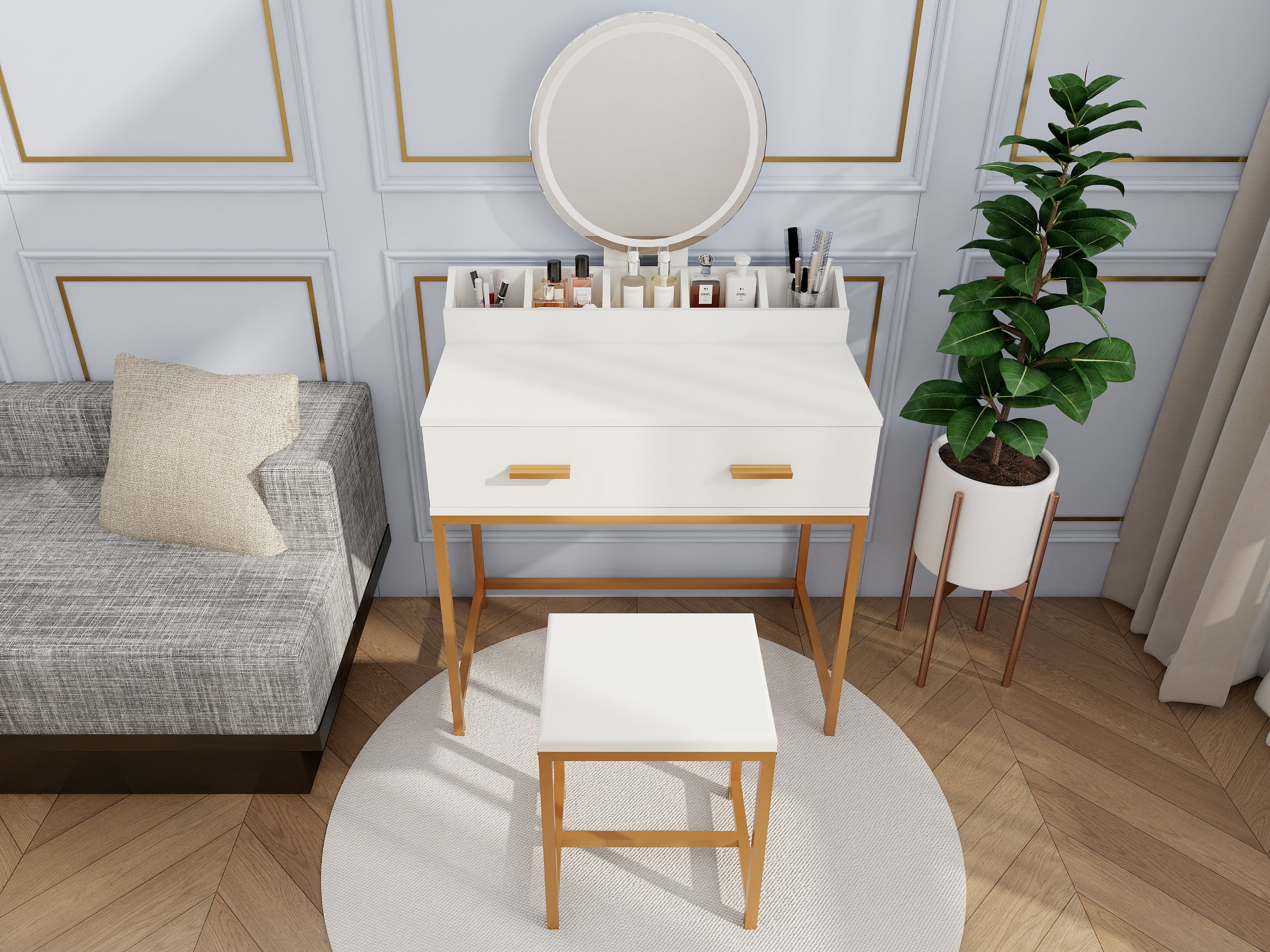 Makeup Vanity Set with Mirror, Stool and Storage Drawers, White and Gold Space-Saving Design for Small Bedrooms, 31.5"x18.5"x53.5"