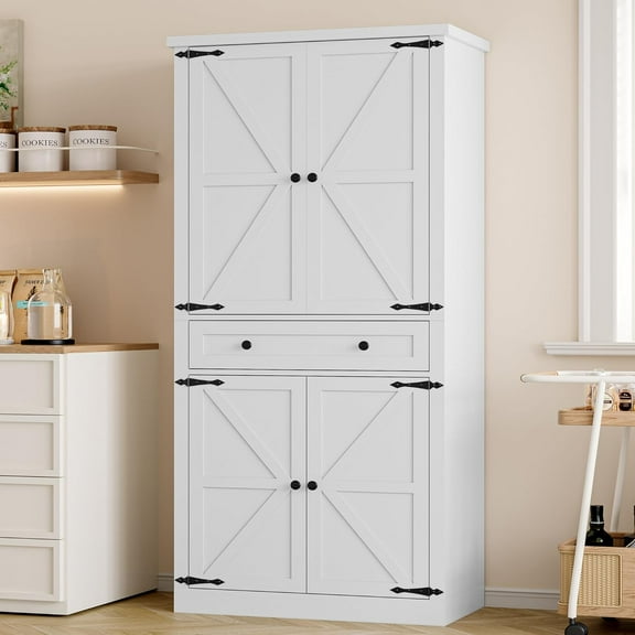 FANRAL 70 Tall Pantry Organizers and Storage Cabinet with Barn Doors & Drawers,Adjustable Shelf,Tall Pantry for Kitchen Dining Room Living Room Bedroom,White Pantry Cabinet