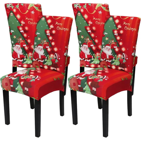 Set of 4 Christmas Chair Covers for Dining Chairs Merry Christmas Stretch Kitchen Parsons Chair Slipcovers Washable Santa Snowman Printed Chair Seat Cover for Xmas Holiday Party Home Decor