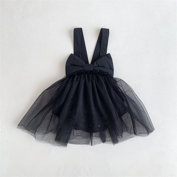 EliteGoogv Baby Girls Spaghetti Strap Tulle Romper Dress Big Bow Back Fluffy Ruffled Layer Outfit Photo Birthday Celebration Gown,Black,73