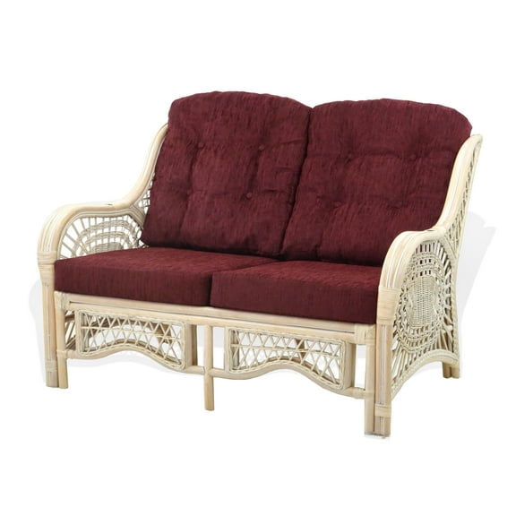 Wickerix Malibu Loveseat Lounge Sofa Natural Rattan Wicker Handmade w/Dark Brown Cushions, White Wash Color