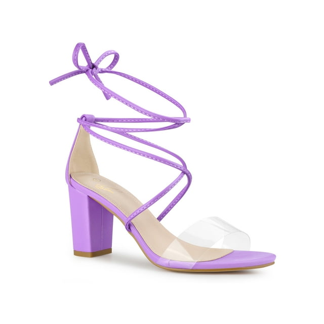 BLISSFUL STEP Women Lace Up Clear Strap Block Heels Sandals Lavender 8.5