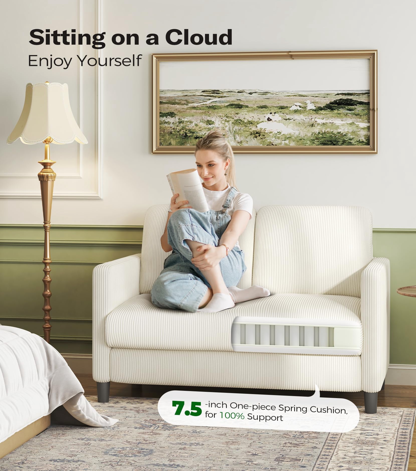 Welzona 51" Corduroy Loveseat Sofa, Small 2-Seater Couch for Small Spaces, Tool-Free Assembly, Off White
