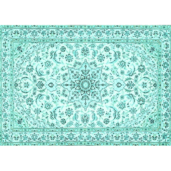 Ahgly Company Machine Washable Indoor Rectangle Medallion Turquoise Blue Traditional Area Rugs, 6' x 9'