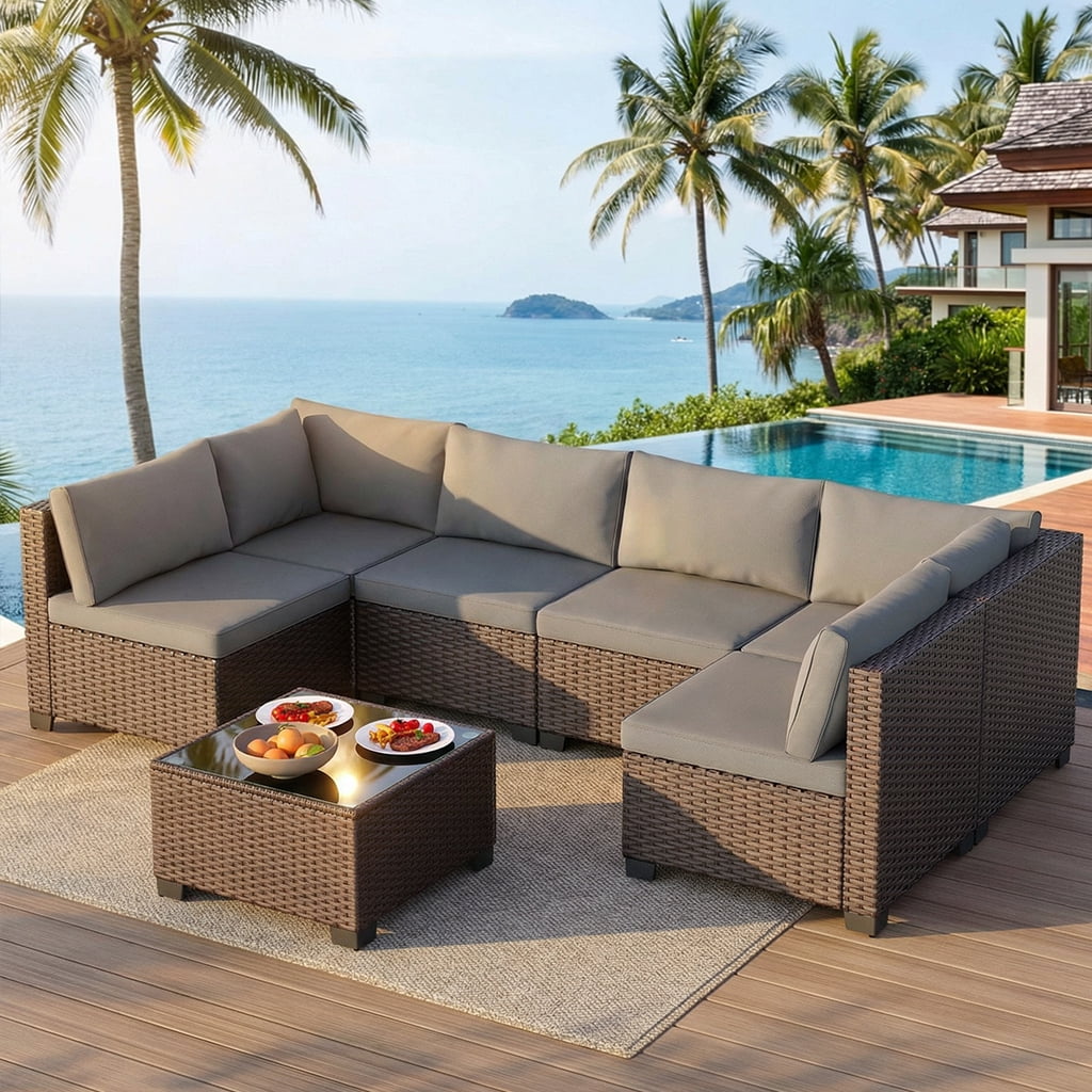 All-Weather 7 Piece Patio Furniture Set, Rattan Wicker Outdoor Conversation Sectional Sofa Set with Glass Table, Gray