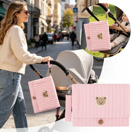 Cute Bear Embroidery Diaper Clutch  Multi-Pocket Baby Organizer with Stroller Attachment Waterproof Travel Diaper Bag for Moms Lightweight Portable Baby Essentials Pouch