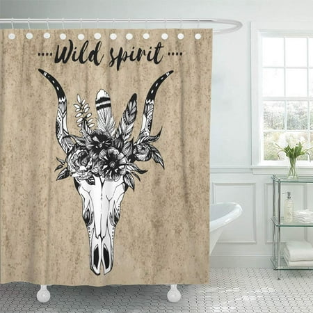 PKNMT Animal Boho Chic Tribal Design Tattoo Arrow Bohemian Bone Buffalo Cow Death Drawing Waterproof Bathroom Shower Curtains Set 66x72