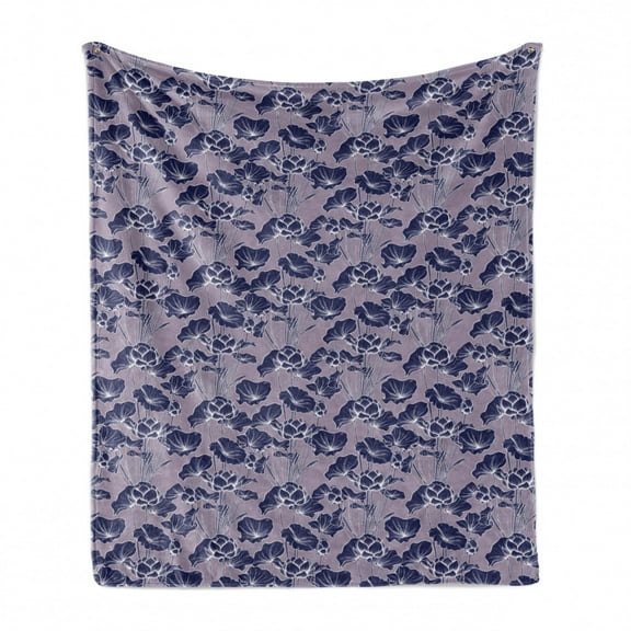 Botanic Soft Flannel Fleece Throw Blanket, Exotic Flower Petals Foliage Gardening Lily Blooming Season Design, Cozy Plush for Indoor and Outdoor Use, 60" x 80", Grey Pink and Navy Blue, by Ambesonne