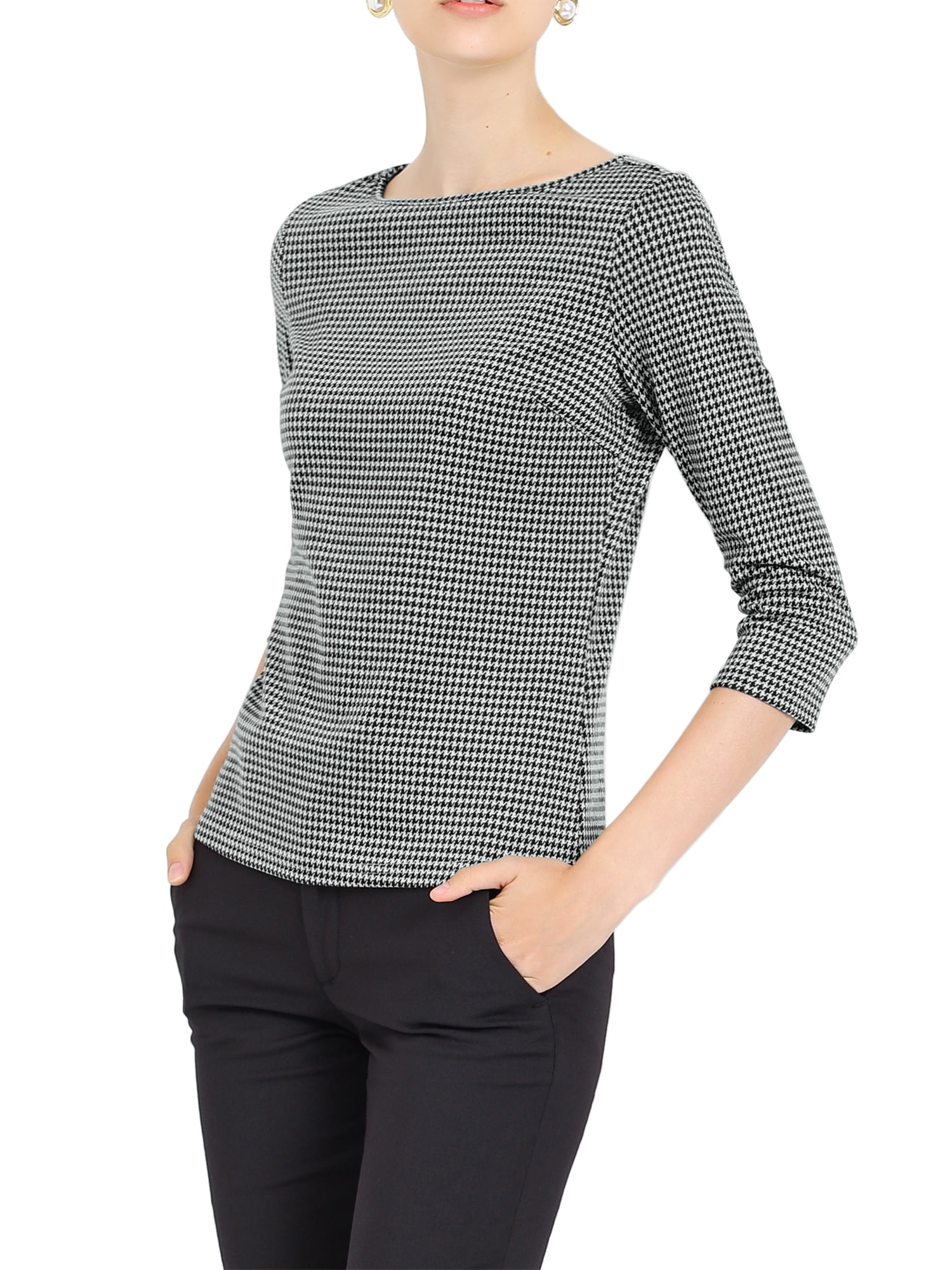 Unique Bargains Women's Work Office 3/4 Sleeve Boat Neck Houndstooth Top L Black