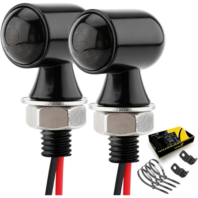 Mini Motorcycle Turn Signals LED Light Micro Blinkers with black zinc alloy housing and smoked lens, featuring ultra-bright amber SMD LEDs. Compact design with M6 mounting bolts for universal fit on Cafe Racer, Bobber, Cruiser, Chopper, and Street motorcycles. Ideal motorcycle lights for improved visibility and safety. Includes installation accessories such as zip ties and brackets.