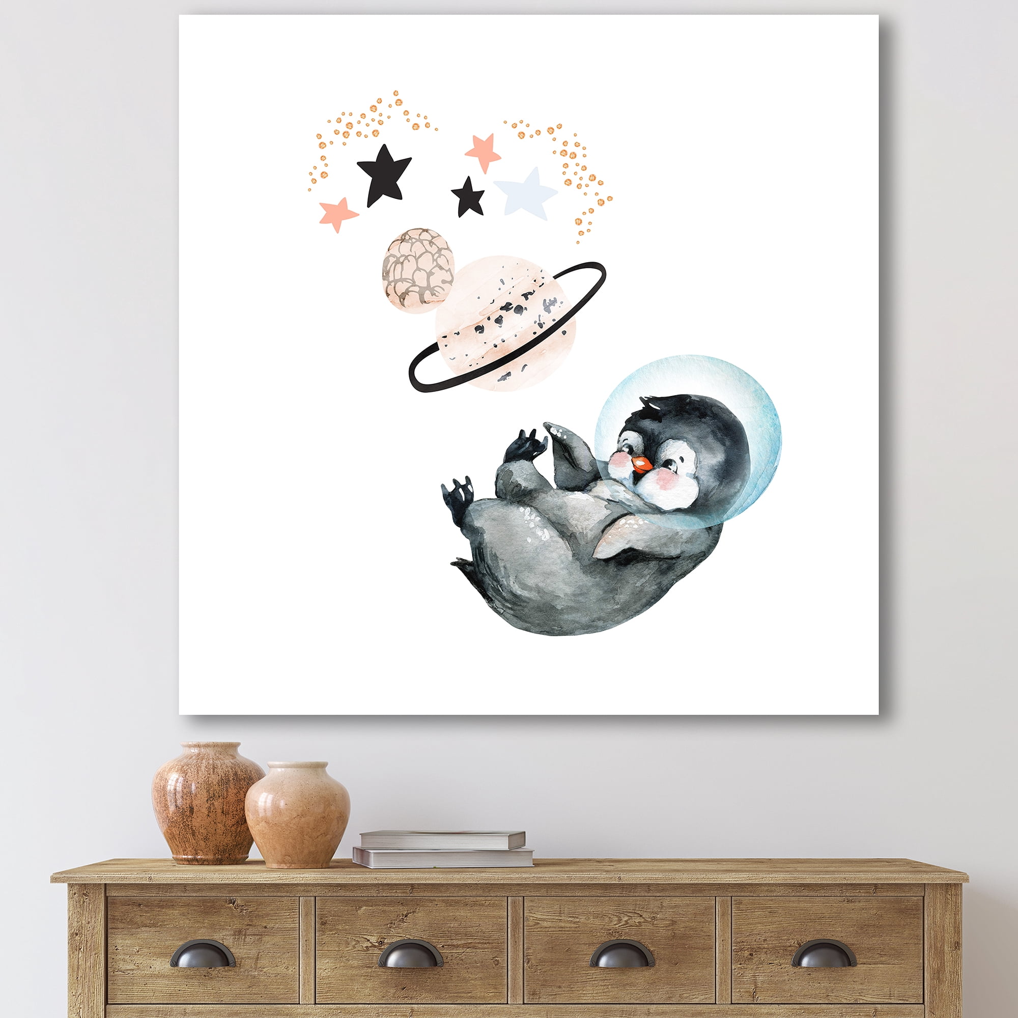 Designart ' Little Penguin With Planets and Stars I ' Farmhouse Canvas Wall Art Print