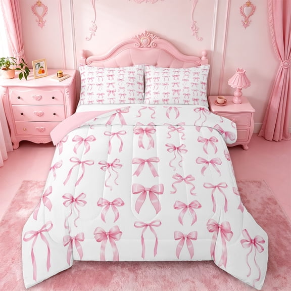 Manfei Girly Bow Full Size Comforter Sets For Kids,Pink Ribbon Bowknot Bedding Sets,Pink Reversible,3pcs
