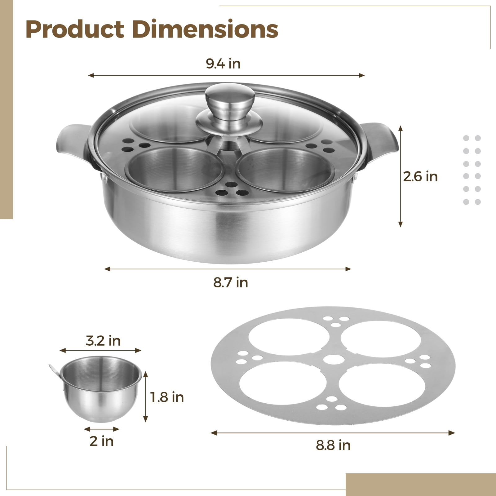 Stainless Steel Egg Poacher Pan, Steamer Pot with 4 Poached Egg Cups, Egg Cooker for Stove and Induction, Sturdy and Even Heating, Ideal for Soup and Boiled Egg, 9.4×2.6"