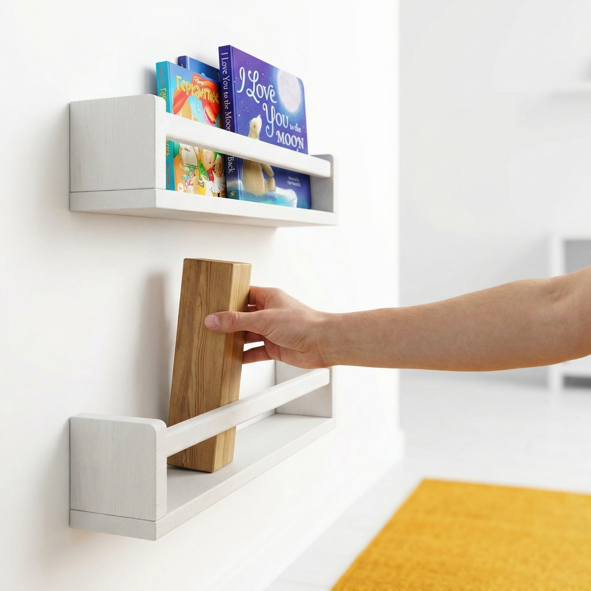 Floating Book Shelves for Wall Set of 4, White Wall Bookshelf for Kids Room, Small Wood Book Shelf Bookshelves