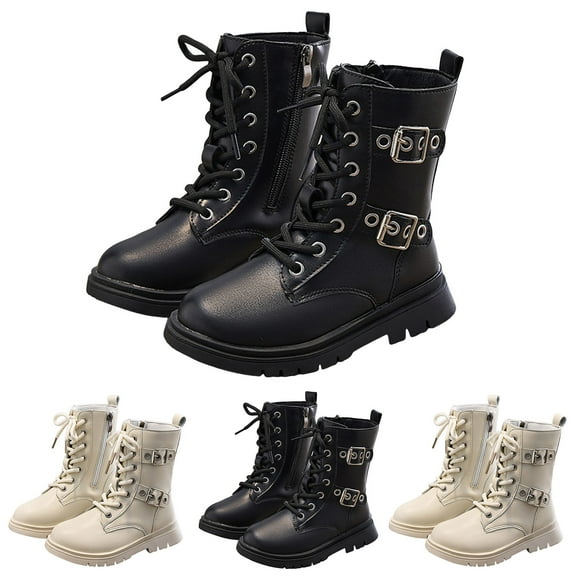 Dakaela Girls Combat Boots Kids Buckles Side Zipper Punk Goth Ankle Booties Toddler Mid Calf Motorcycle Riding Boots Beige Size 12.5