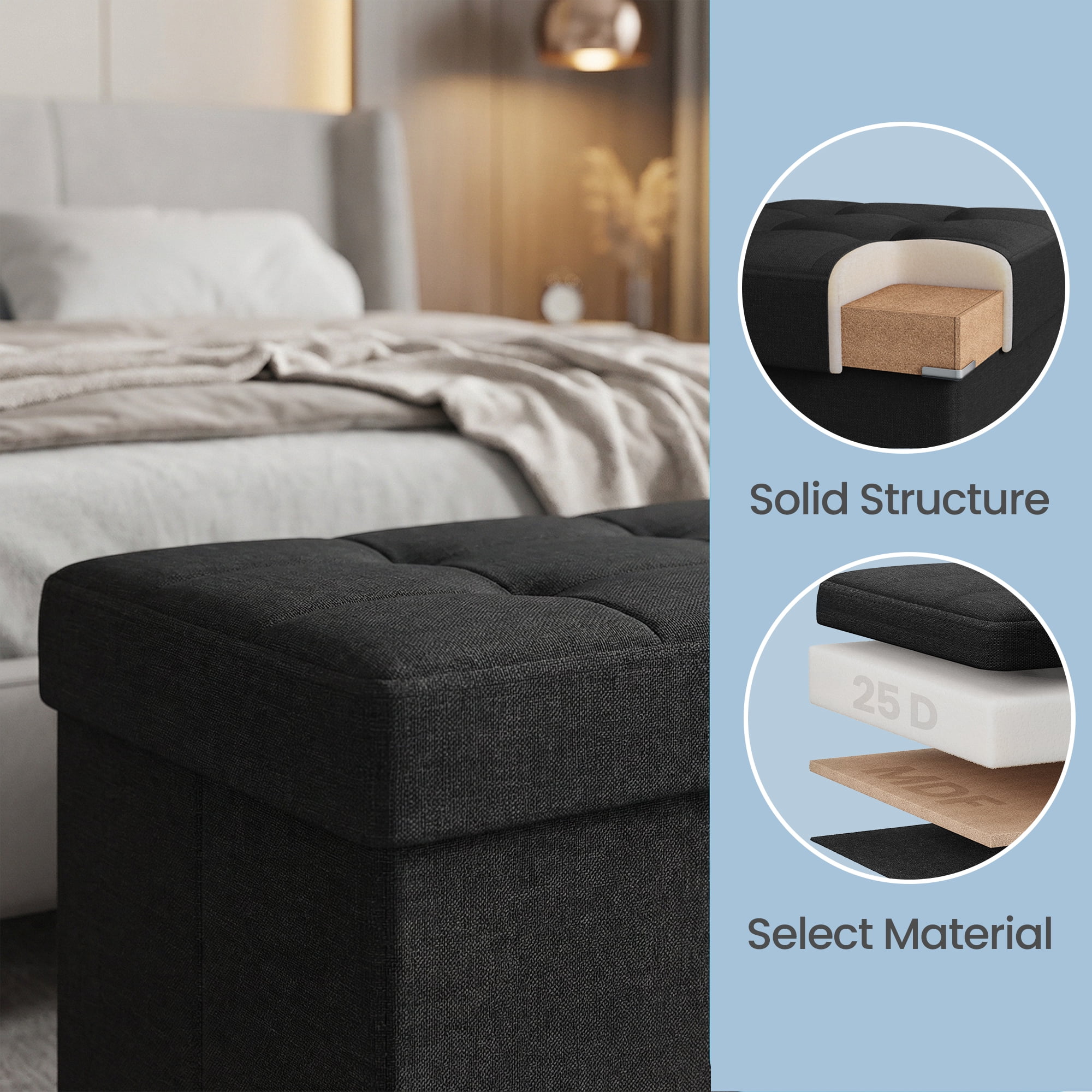 LEDREM 43" Storage Ottoman Bench with 660lb Capacity, End of Bed Bench, Folding Ottoman with Storage, Footrest, Ink Black