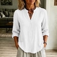 thumbnail image 4 of Cotton Linen Button Down Shirt for Women Ghalytn V Neck Stand Collar Blouse - Long Sleeve Casual Top with Pockets, 4 of 8