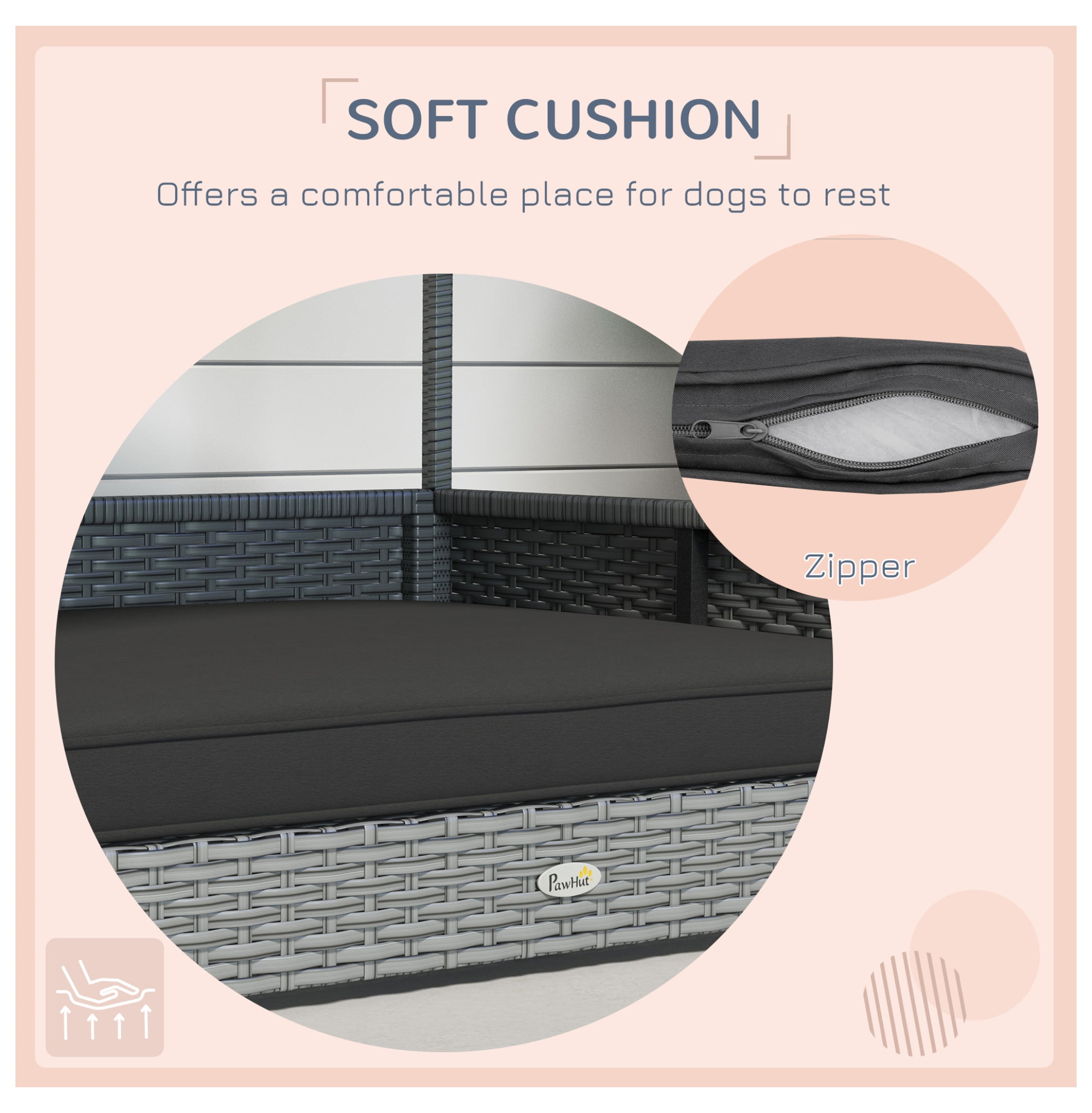 Wicker Dog House Outdoor - PawHut Rattan Dog Bed with Canopy - Gray - Small Medium Dogs - Water-resistant Cushion - Durable Pet Shelter