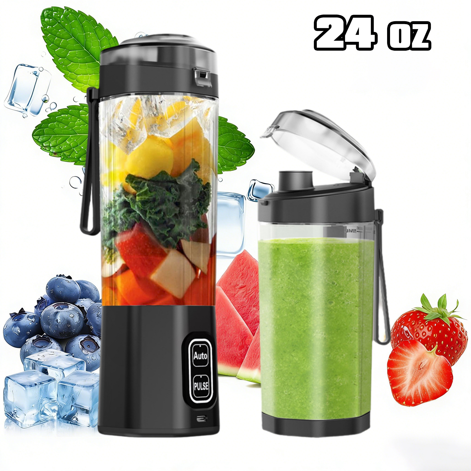Petyoung Portable Blender 24oz, 360W Personal Jucier for Shakes & Smoothies, 6000mAh USB Rechargeable, Dual Mode, BPA Free